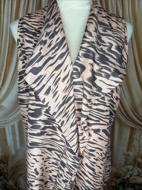 CAbi Taupe and Black Animal Print Draped Sleeveless Blouse 100% Silk